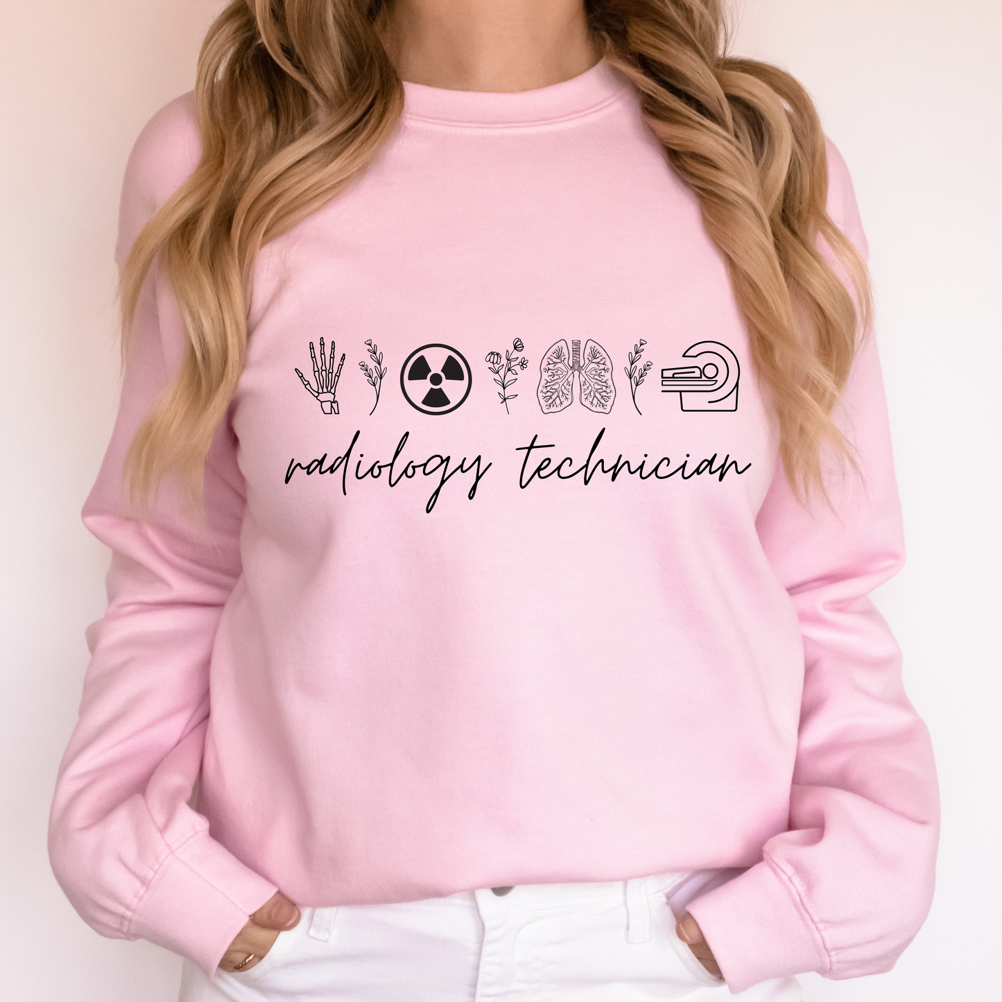 Radiology Technician Crewneck Sweatshirt | Rad Tech Apparel | X-Ray Tech Gift | Medical Imaging Healthcare Pullover Light Pink Long