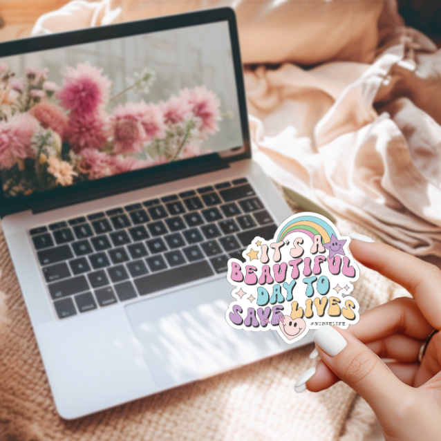 It’s a Beautiful Day to Save Lives Sticker – Cute Nurse Vinyl Decal for Laptop, Water Bottle, or Clipboard | RN Gift | Pastel Rainbow