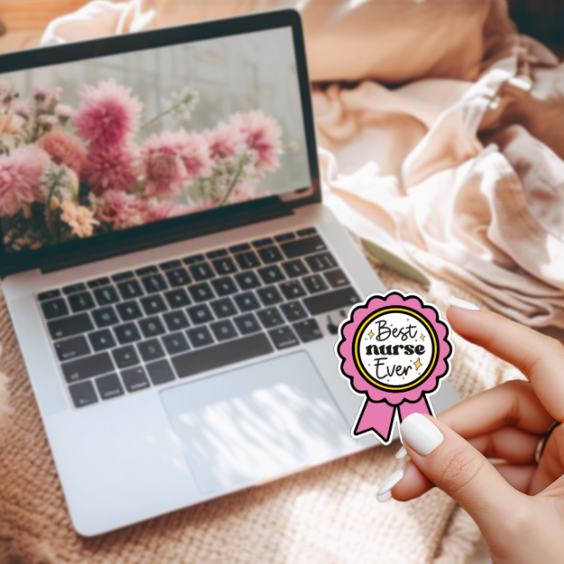 Best Nurse Ever Sticker | Cute Pink Award Ribbon Decal for Nurses | Nursing Appreciation Gift | Healthcare Worker Badge Vinyl Sticker