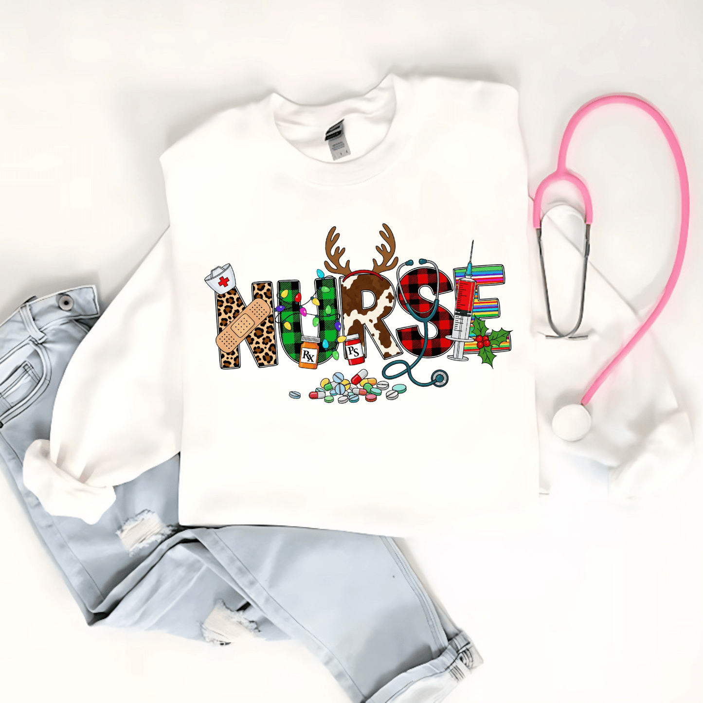 Christmas Nurse Crewneck – Festive Holiday Sweatshirt with Reindeer Antlers & Santa Hat | Cute Nurse Christmas Gift for RN, LPN, CNA & Healthcare Workers White