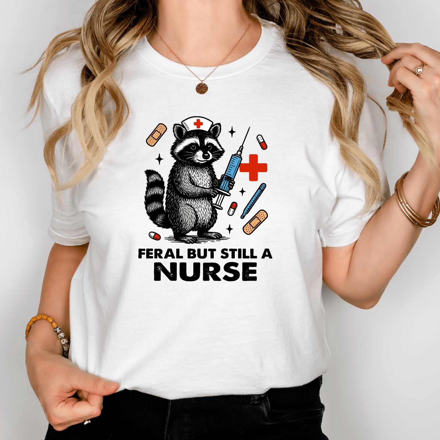 Feral But Still a Nurse Shirt – Funny Raccoon Nurse Tee for Healthcare Workers, RNs & Medical Staff