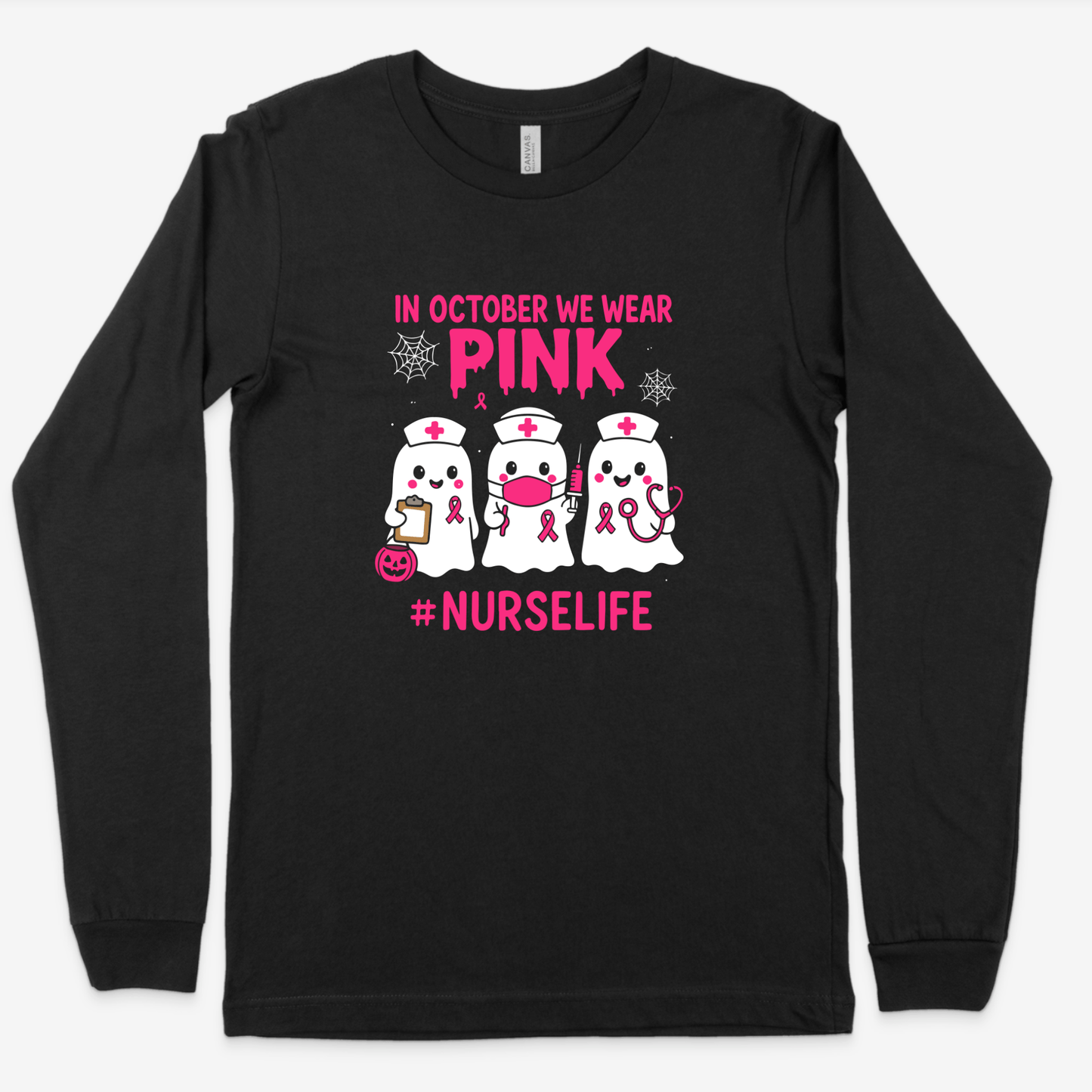 In October We Wear Pink Nurse Shirt – Halloween Ghost Nurse Breast Cancer Awareness Tee Long
