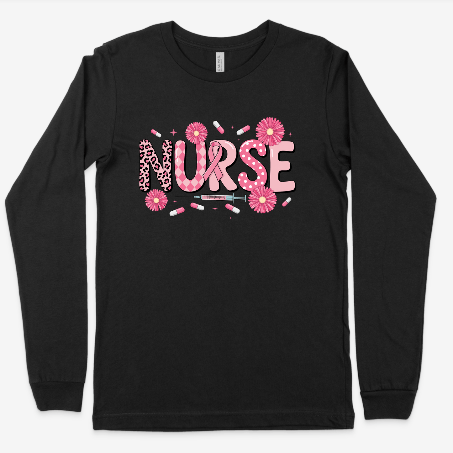Nurse Pink Ribbon Long Sleeve Shirt – Cute Breast Cancer Awareness Nursing Tee Long