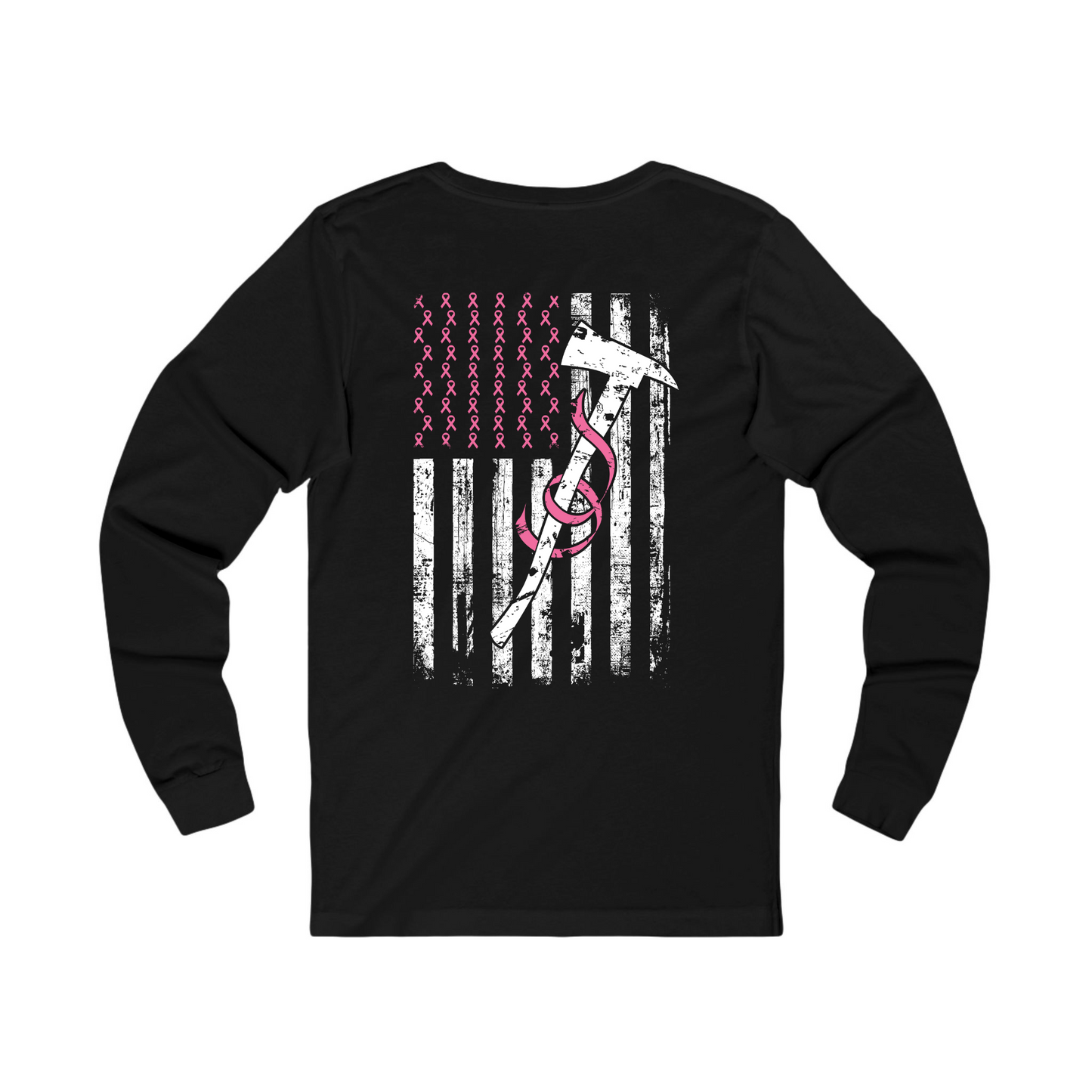 Firefighter Pink Ribbon Flag Long Sleeve Shirt – Breast Cancer Awareness
Stand proud and show your support with our Firefighter Pink Ribbon Flag Long Sleeve Shirt. Featuring a distressed black-and-white American flag filled with pink awareness ribbons, and a fire axe wrapped with the symbolic pink ribbon, this bold design honors both the fight against breast cancer and the bravery of firefighters.
Made from soft, breathable cotton with a comfortable unisex fit, this shirt is perfect for wearing during Breas