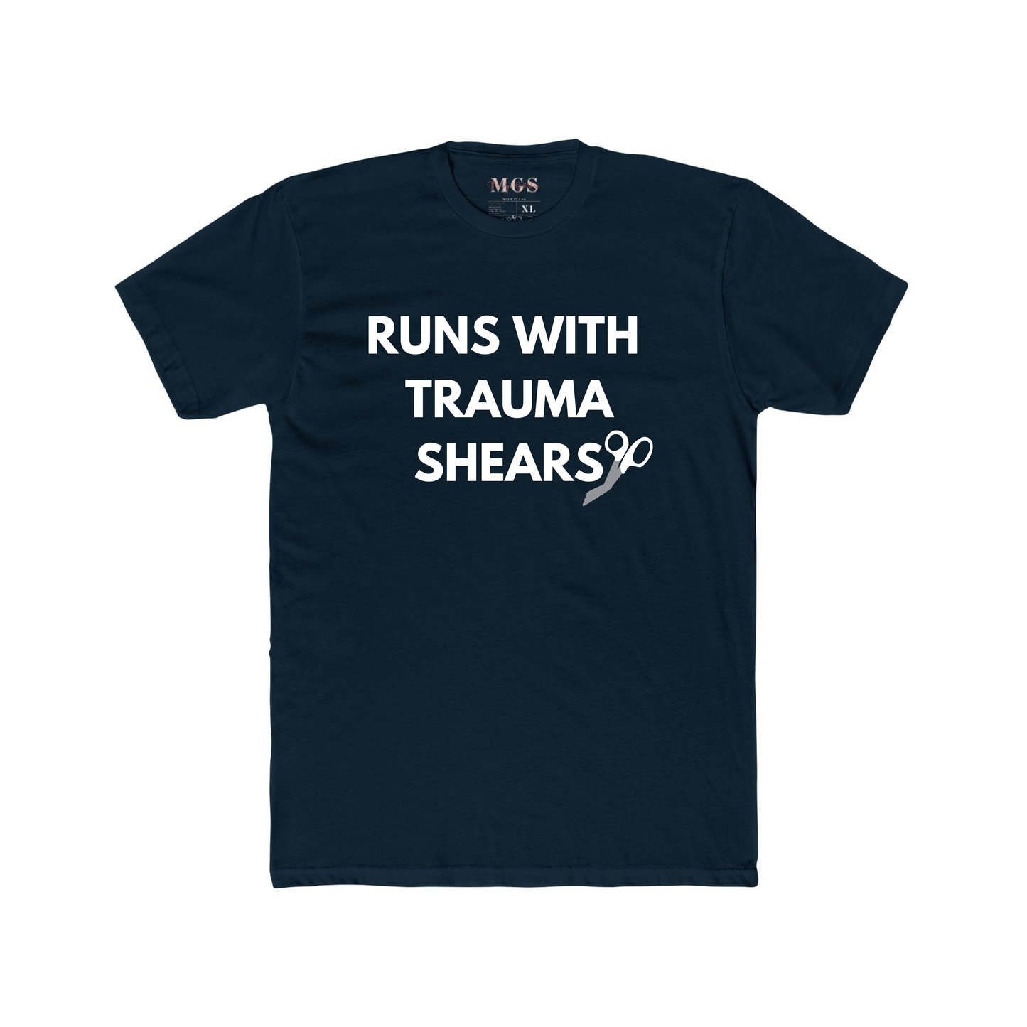Runs With Trauma Shears Nurse/EMS Unisex Adult T-Shirt – Tough & Practical Healthcare Apparel Midnight Navy