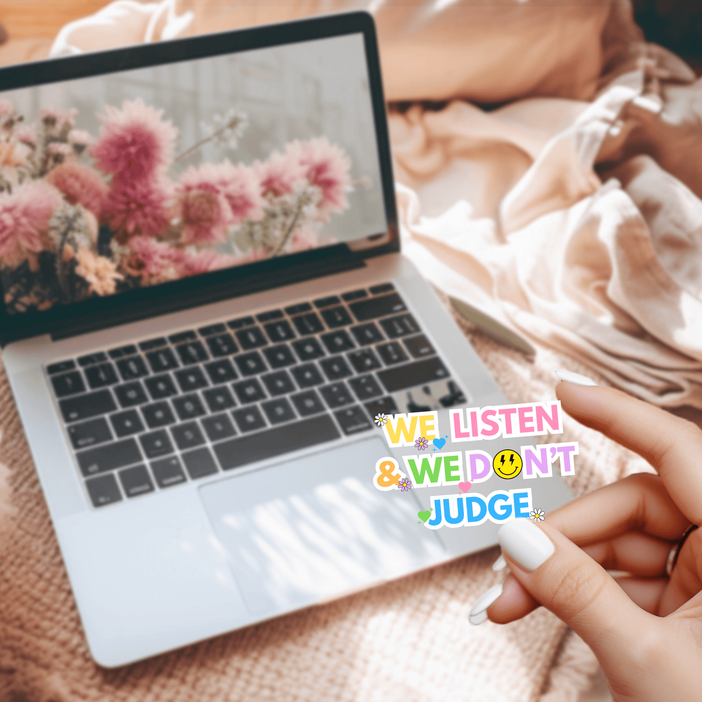 We Listen & We Don’t Judge Die-Cut Sticker – Supportive Healthcare Sticker for Nurses & Professionals