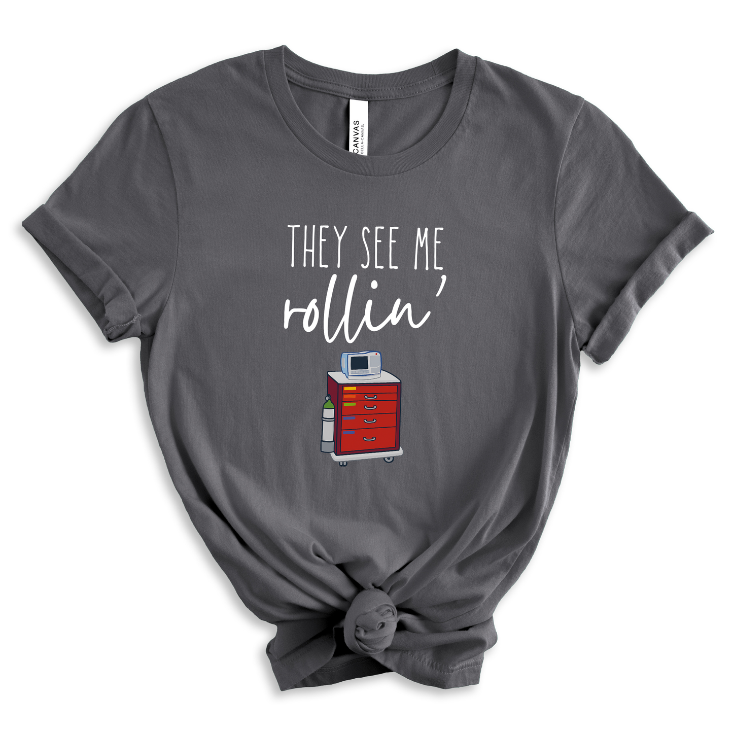 Funny Nurse T-Shirt – "They See Me Rollin’" Crash Cart Design | Medical Scrub Life Tee for Healthcare Workers, RNs, & EMTs