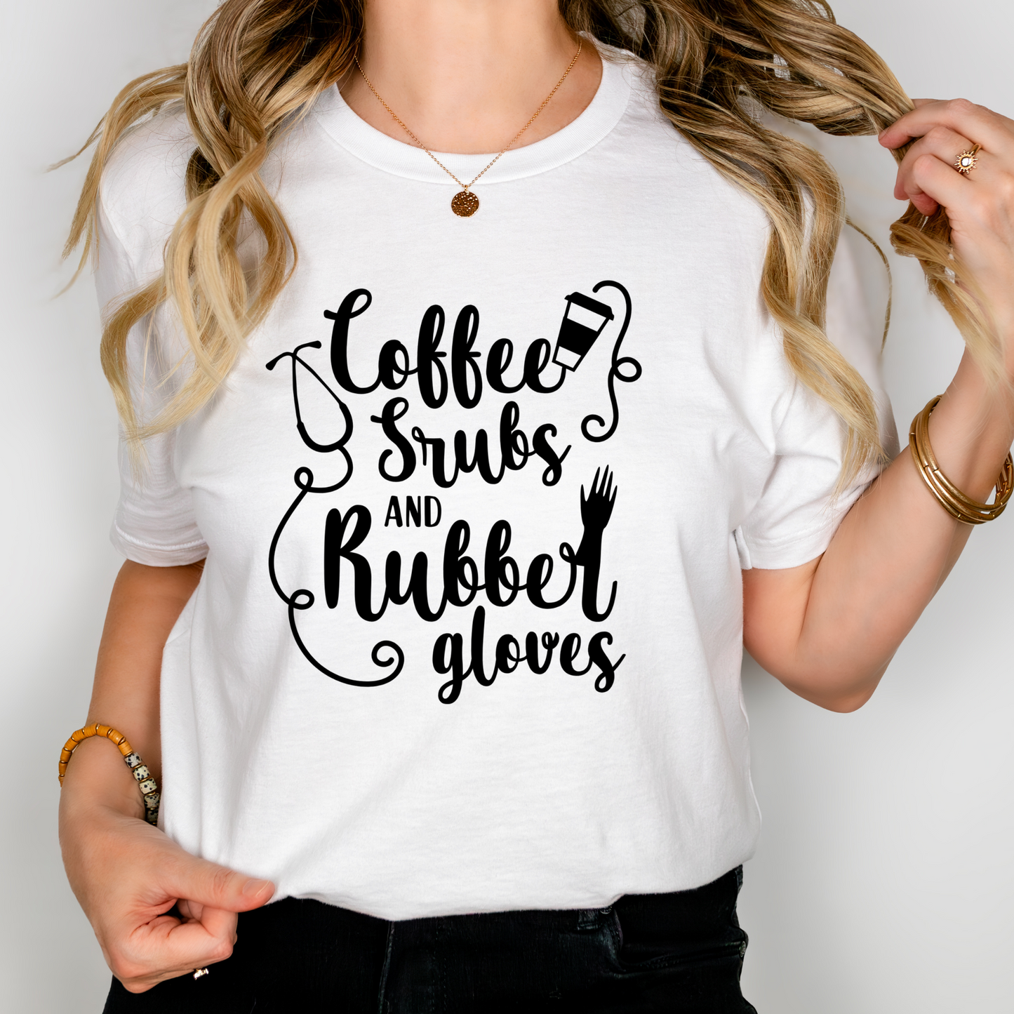 Coffee, Scrubs & Rubber Gloves Women’s Adult T-Shirt – Essential Nurse Apparel for Healthcare Professionals