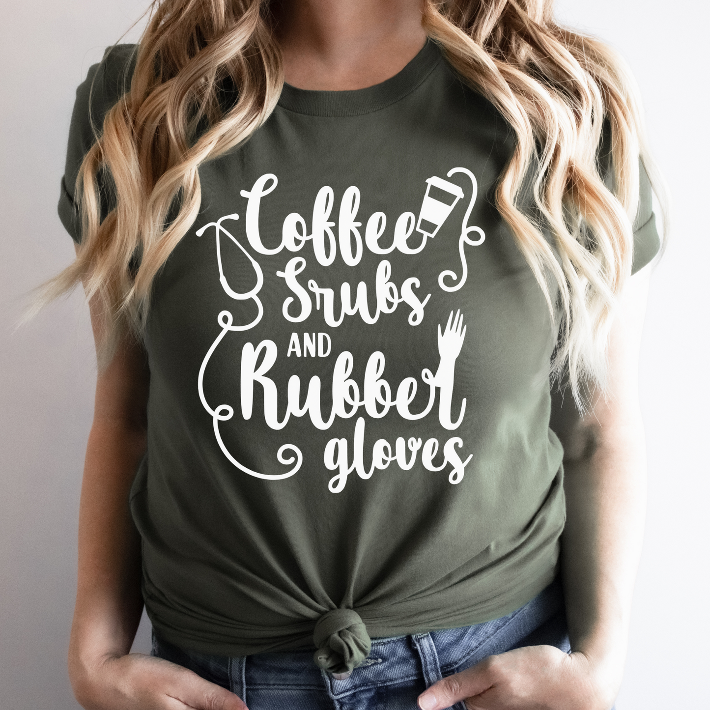 Coffee, Scrubs & Rubber Gloves Women’s Adult T-Shirt – Essential Nurse Apparel for Healthcare Professionals