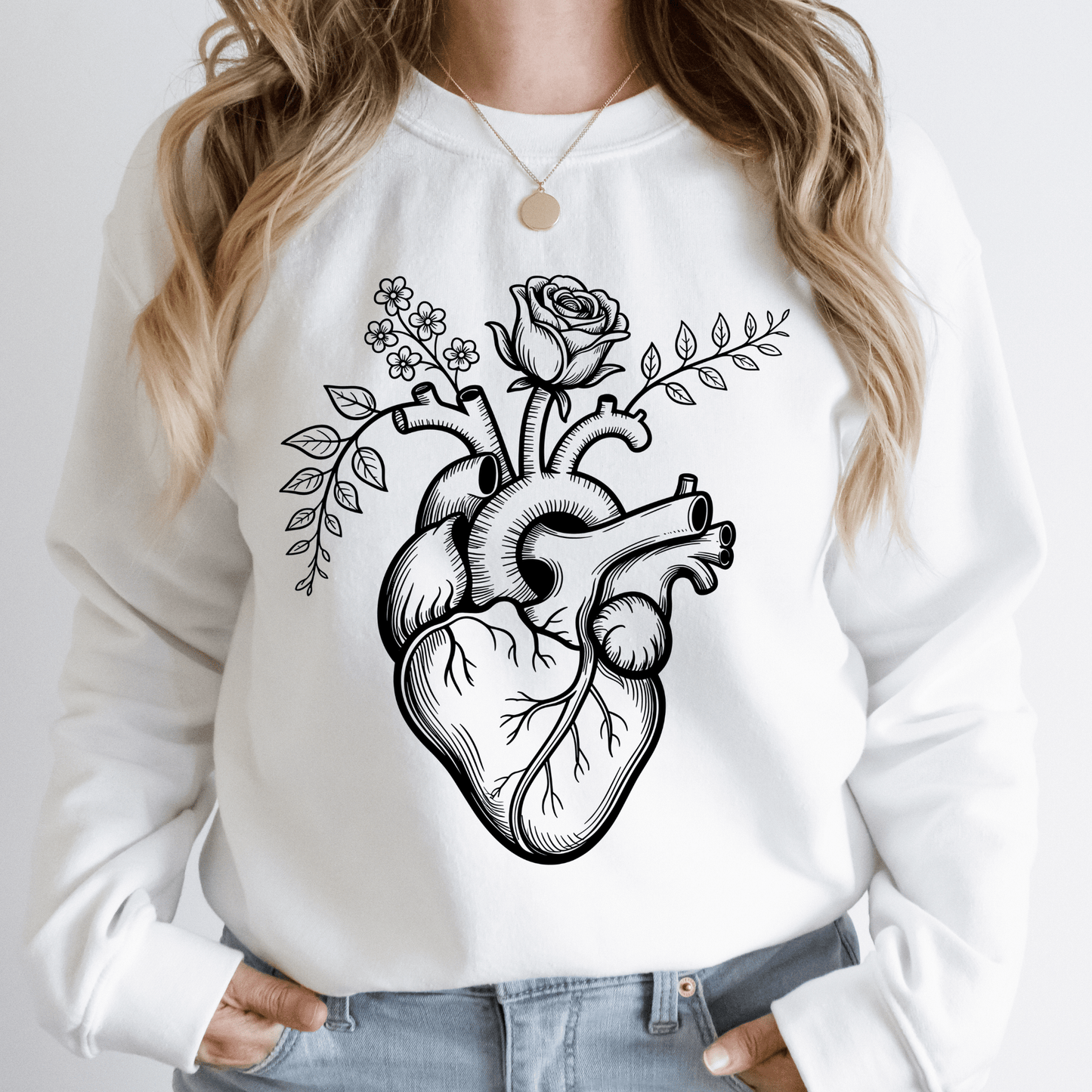 Anatomical Heart Flower Crewneck Sweatshirt Nurse & Healthcare Gift White