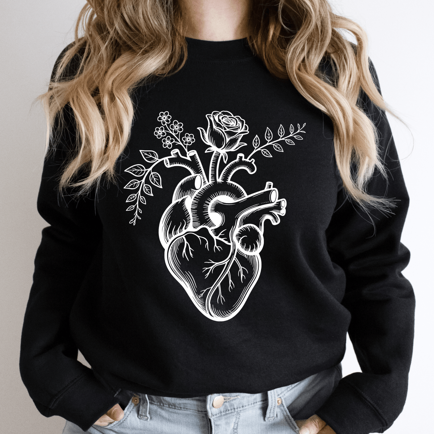 Anatomical Heart Flower Crewneck Sweatshirt Nurse & Healthcare Gift Black