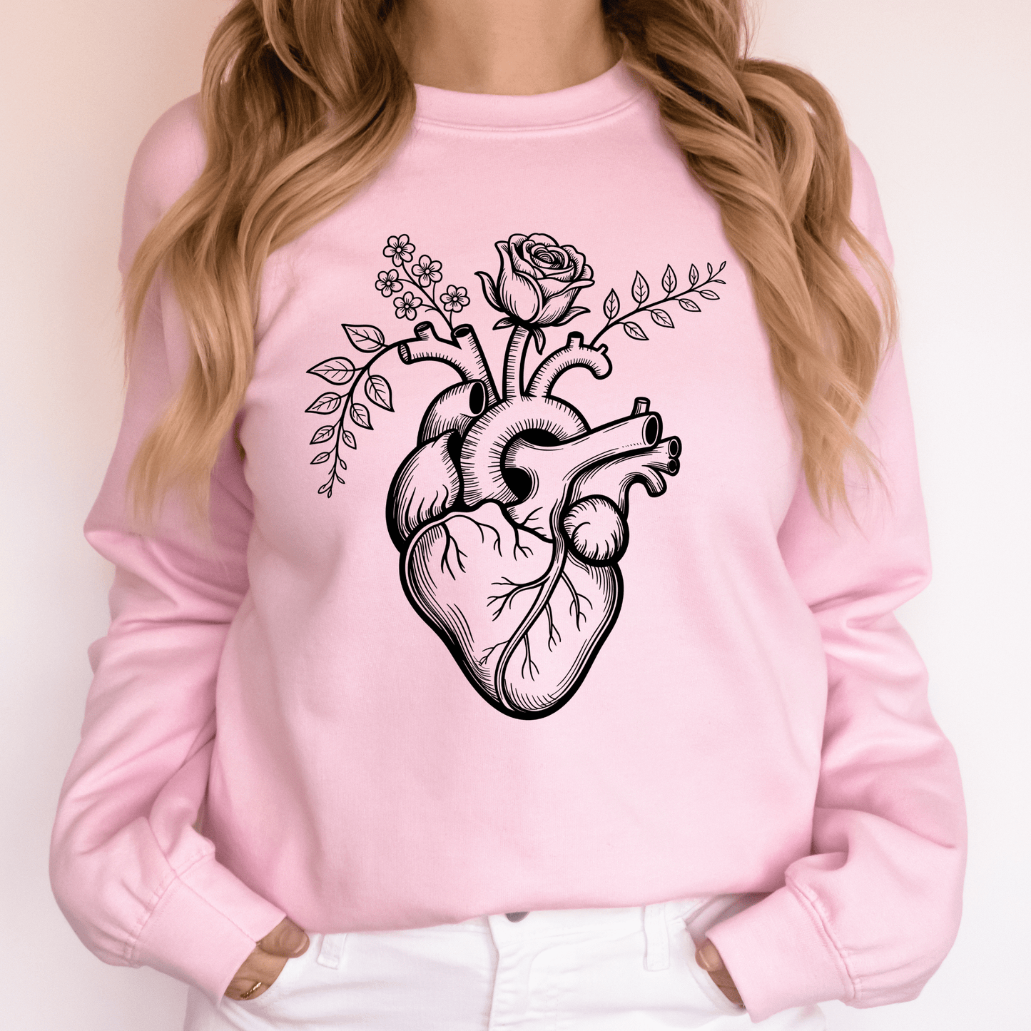 Anatomical Heart Flower Crewneck Sweatshirt Nurse & Healthcare Gift Pink