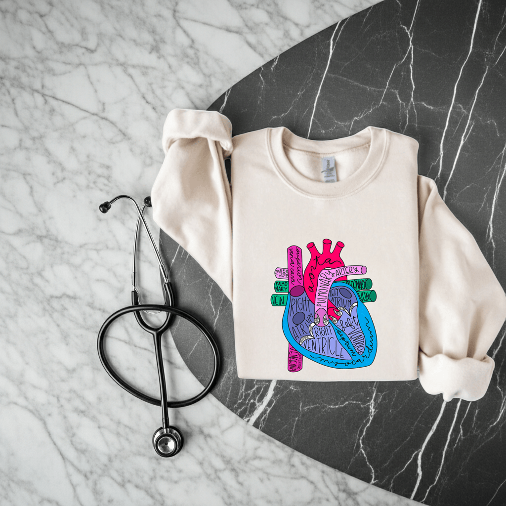 Anatomical Heart Sweatshirt – Colorful Human Heart Diagram Crewneck for Nurses, Med Students & Healthcare Workers