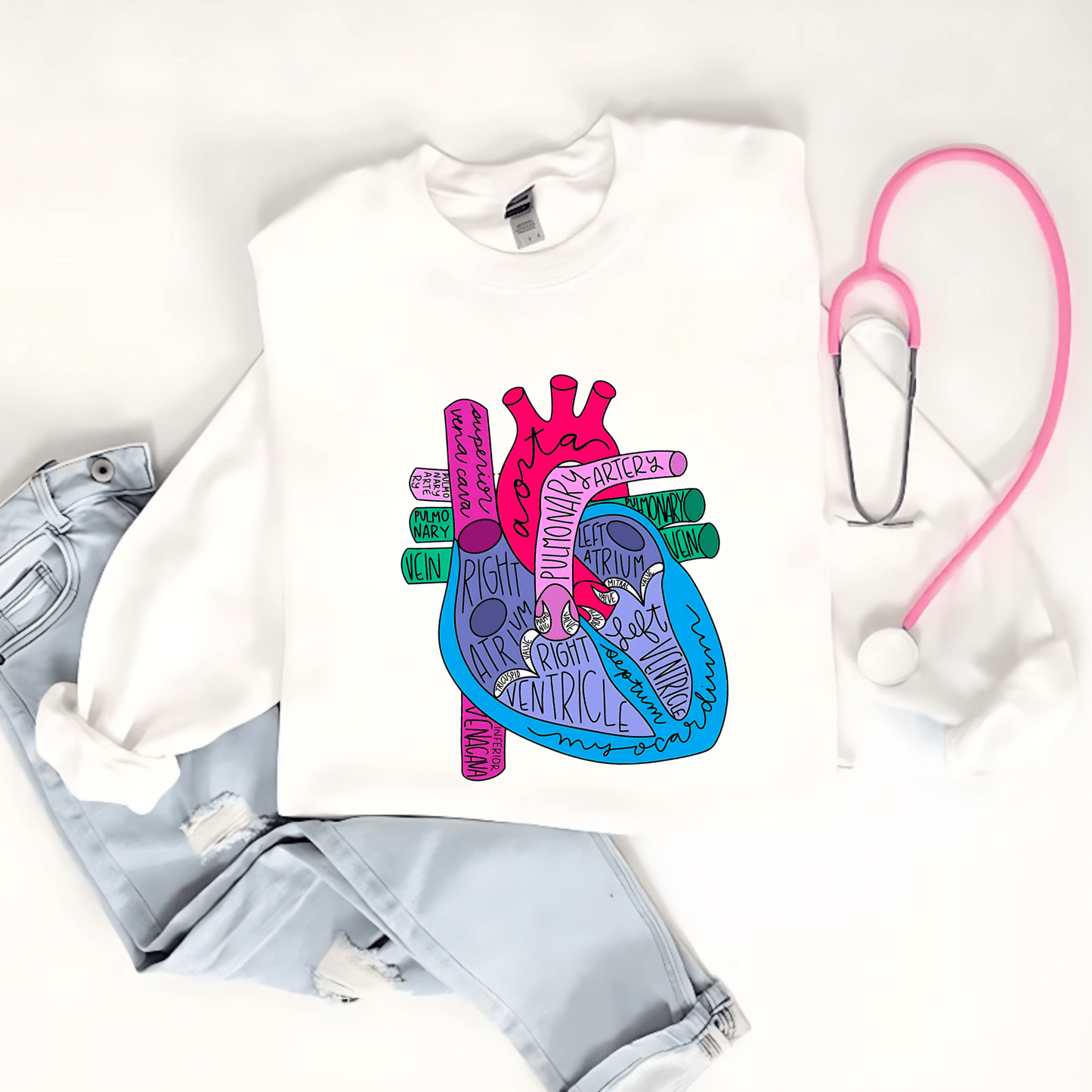 Anatomical Heart Sweatshirt – Colorful Human Heart Diagram Crewneck for Nurses, Med Students & Healthcare Workers White