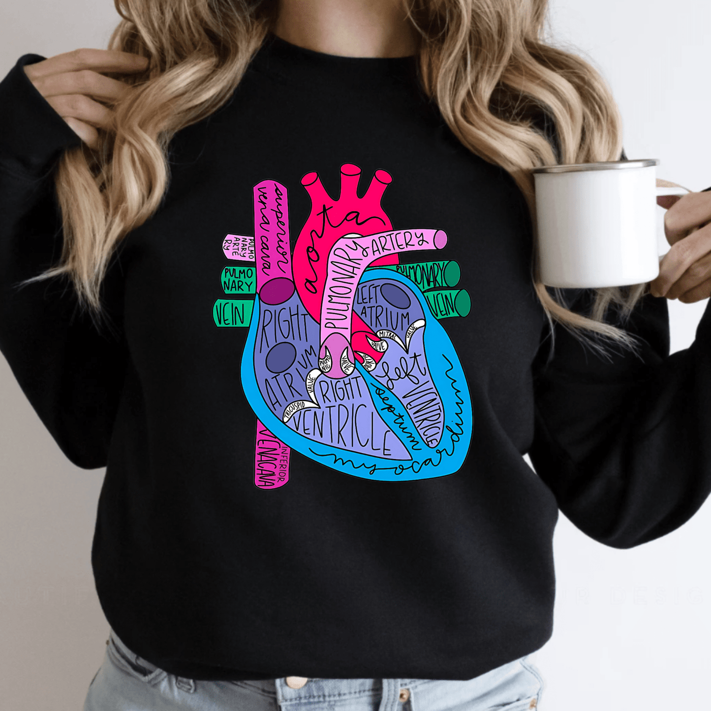 Anatomical Heart Sweatshirt – Colorful Human Heart Diagram Crewneck for Nurses, Med Students & Healthcare Workers Black