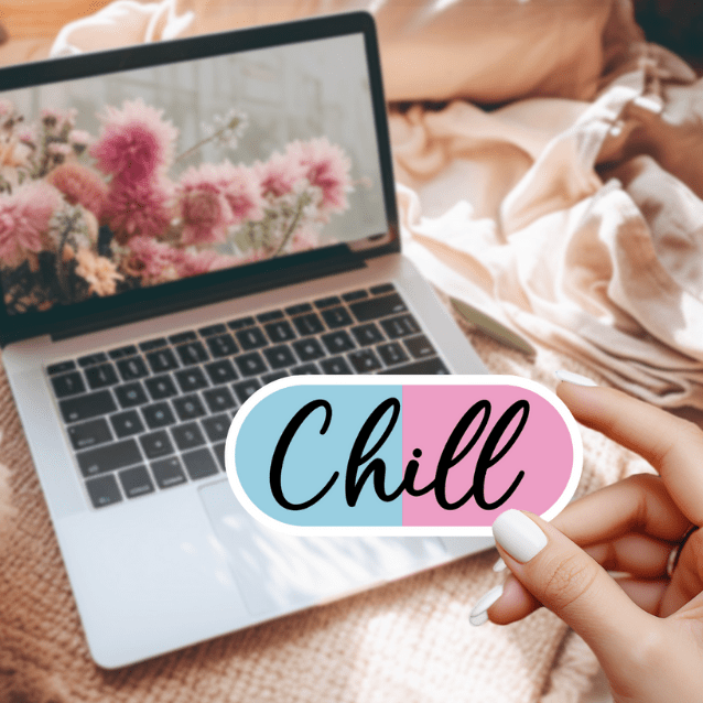 Chill Pill Sticker | Cute Pastel Blue and Pink Vinyl Decal | Aesthetic Laptop Water Bottle Sticker | Funny Mental Health Gift Idea