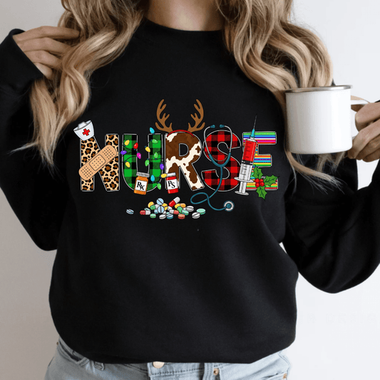 Christmas Nurse Crewneck – Festive Holiday Sweatshirt with Reindeer Antlers & Santa Hat | Cute Nurse Christmas Gift for RN, LPN, CNA & Healthcare Workers Black