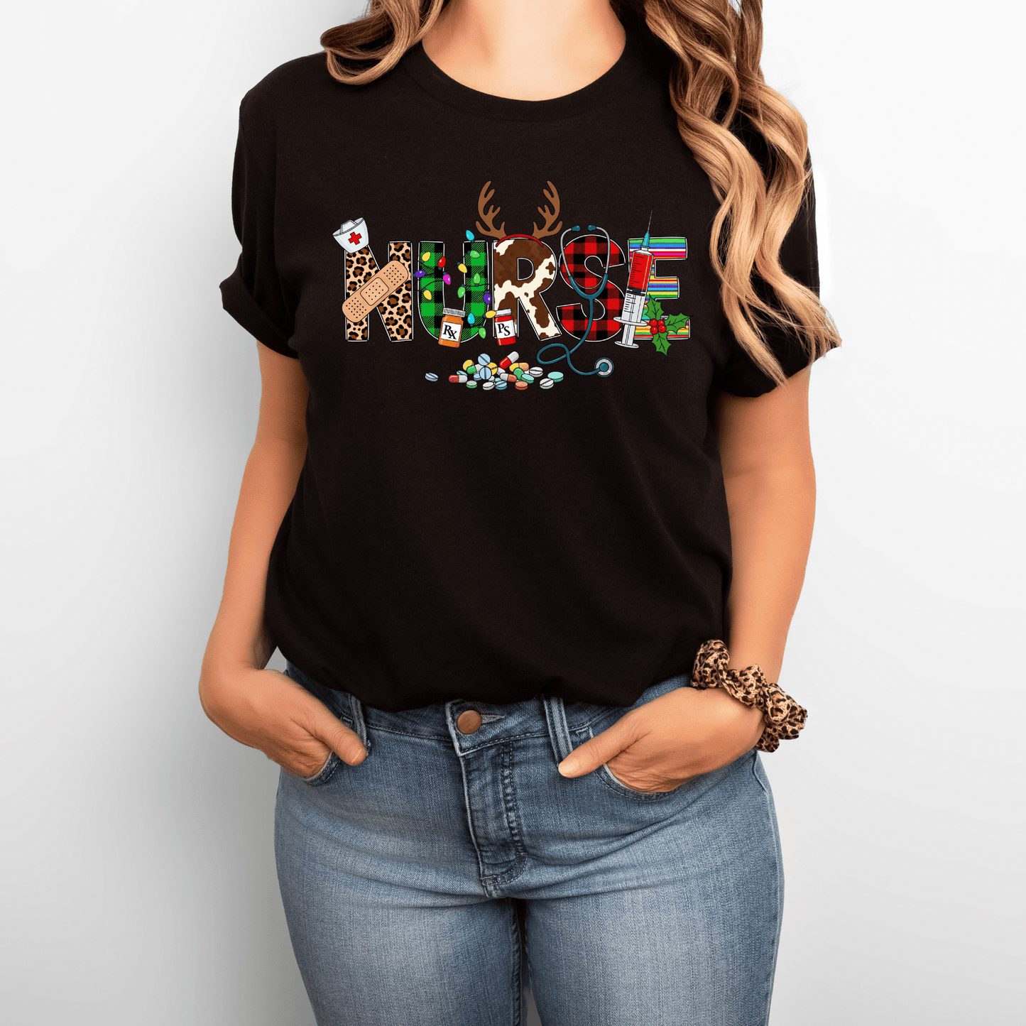 Christmas Nurse Shirt – Festive Holiday Tee with Reindeer Antlers & Santa Hat | Cute Nurse Christmas Gift for RN, LPN, CNA & Healthcare Workers