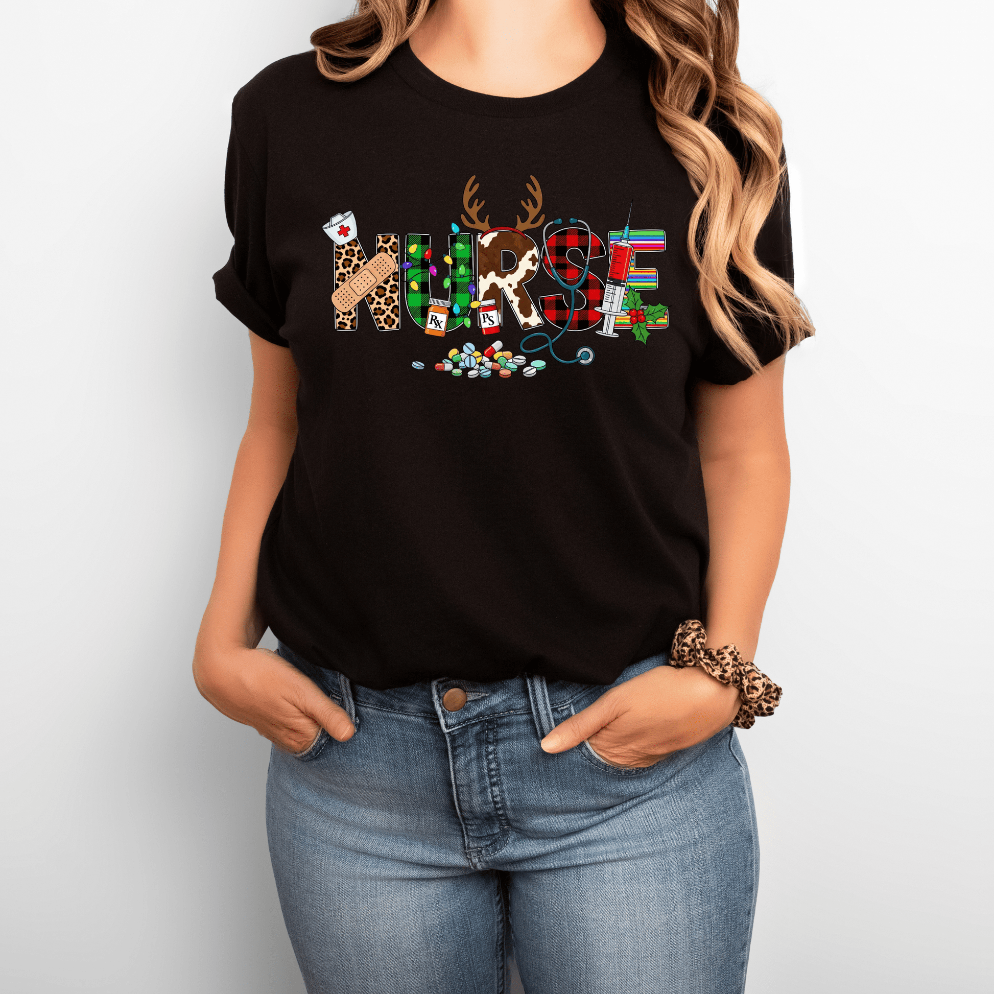Christmas Nurse Shirt – Festive Holiday Tee with Reindeer Antlers & Santa Hat | Cute Nurse Christmas Gift for RN, LPN, CNA & Healthcare Workers