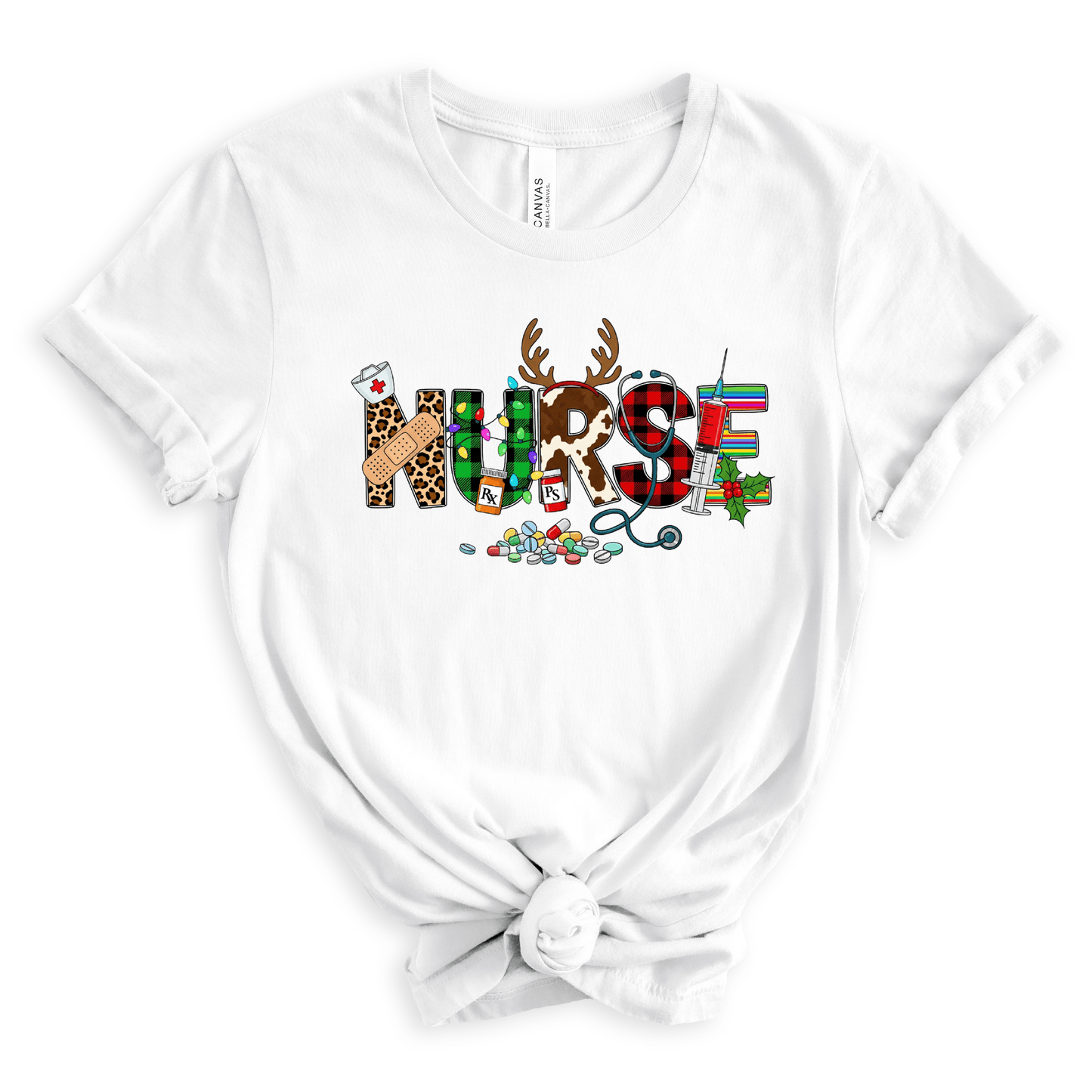 Christmas Nurse Shirt – Festive Holiday Tee with Reindeer Antlers & Santa Hat | Cute Nurse Christmas Gift for RN, LPN, CNA & Healthcare Workers Short