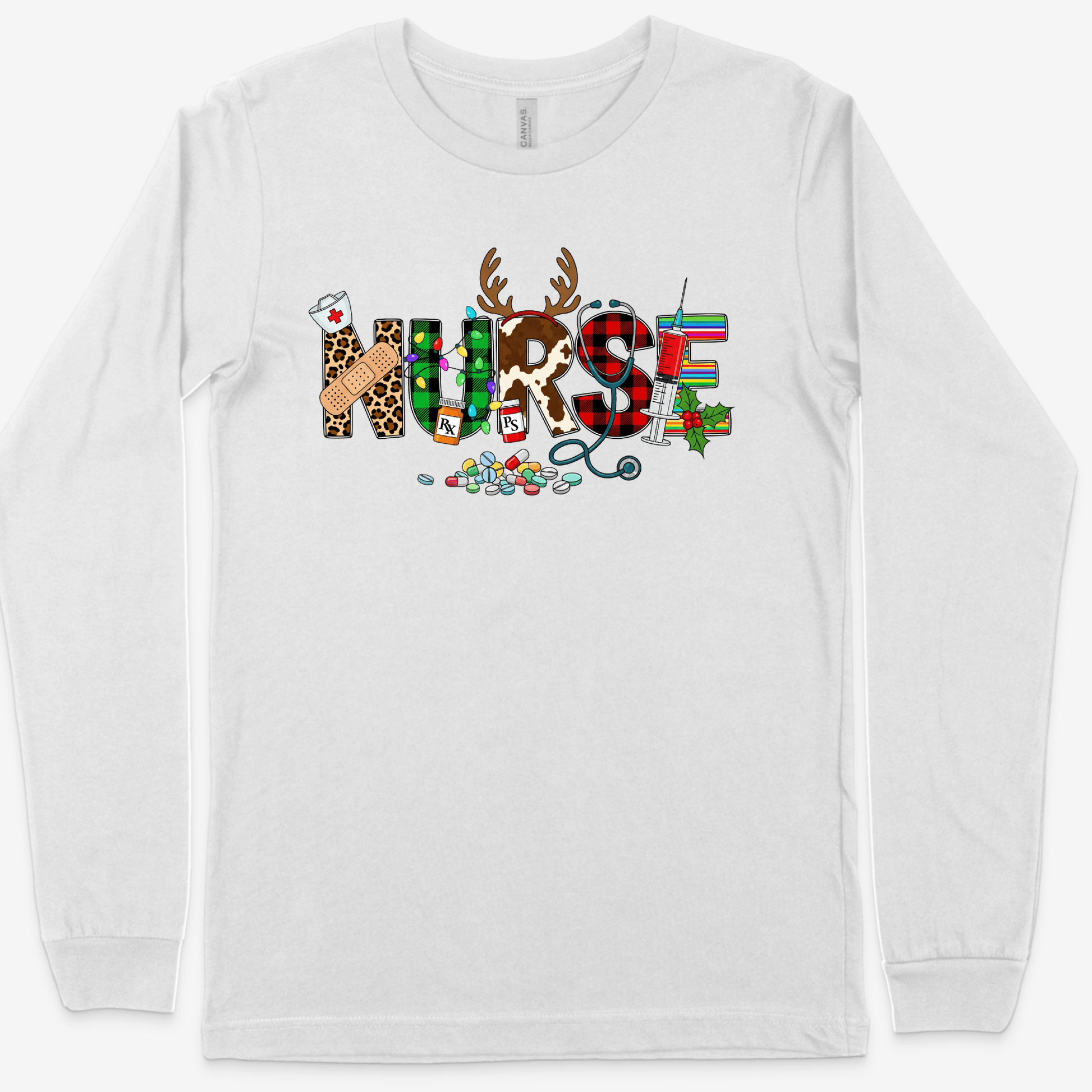 Christmas Nurse Shirt – Festive Holiday Tee with Reindeer Antlers & Santa Hat | Cute Nurse Christmas Gift for RN, LPN, CNA & Healthcare Workers Long