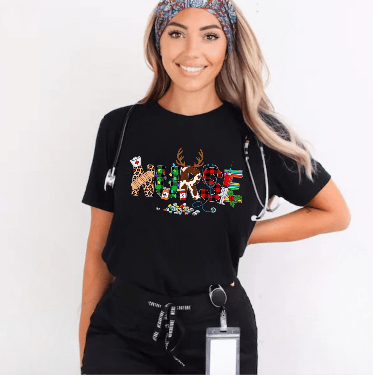 Christmas Nurse Shirt – Festive Holiday Tee with Reindeer Antlers & Santa Hat | Cute Nurse Christmas Gift for RN, LPN, CNA & Healthcare Workers