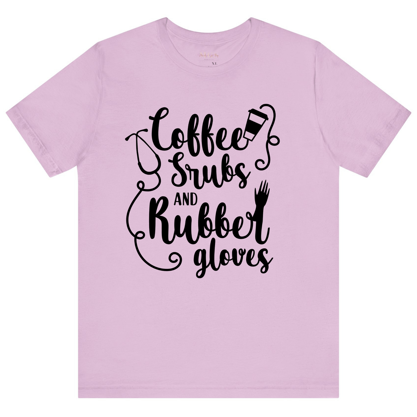 Coffee, Scrubs & Rubber Gloves Women’s Adult T-Shirt – Essential Nurse Apparel for Healthcare Professionals Lilac