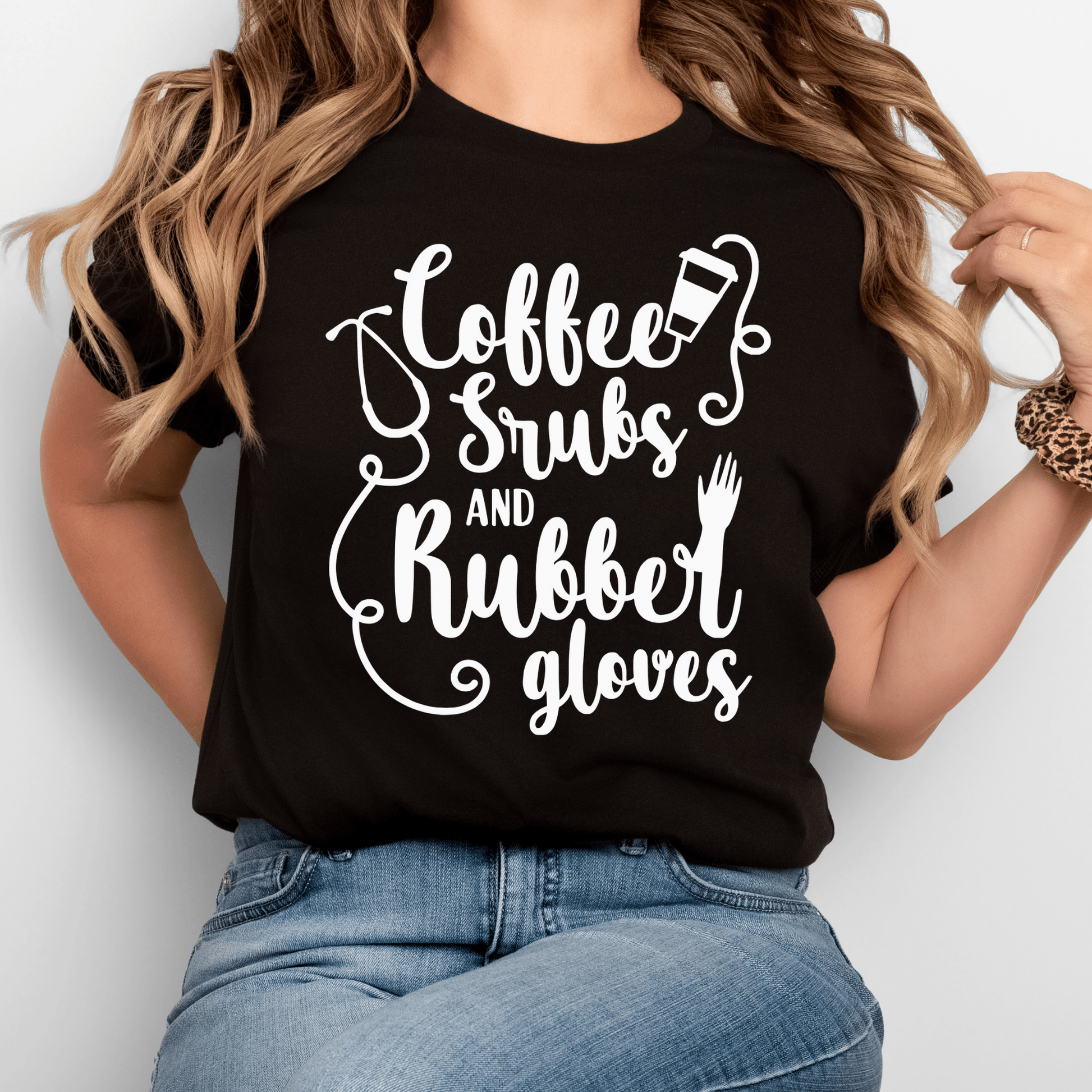 Coffee, Scrubs & Rubber Gloves Women’s Adult T-Shirt – Essential Nurse Apparel for Healthcare Professionals Black