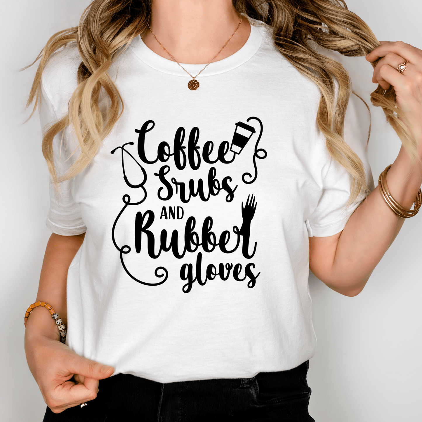 Coffee, Scrubs & Rubber Gloves Women’s Adult T-Shirt – Essential Nurse Apparel for Healthcare Professionals White