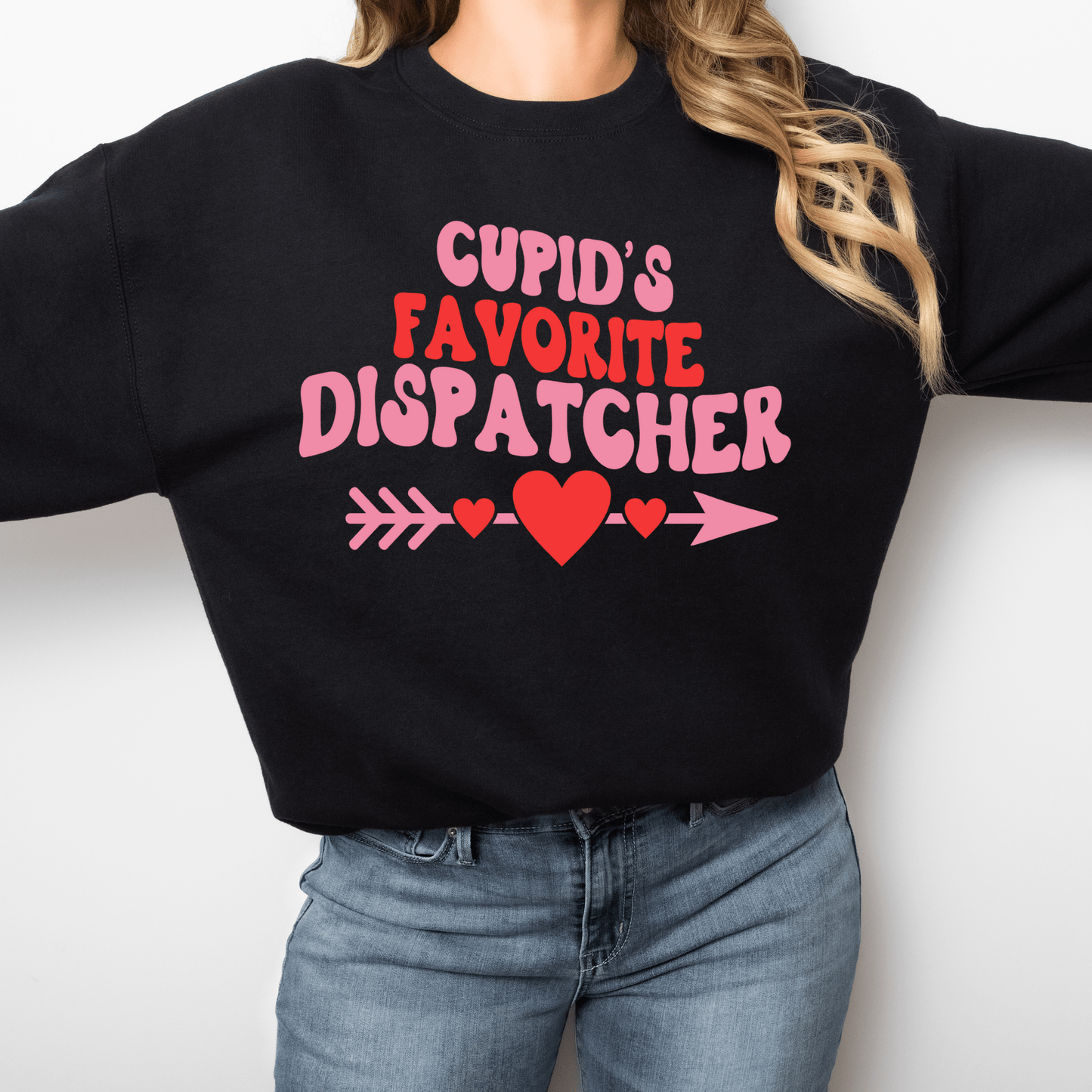 Cupid’s Favorite Dispatcher Shirt, Valentine’s Day 911 Dispatcher Crewneck, Emergency Communications Gift Black Long