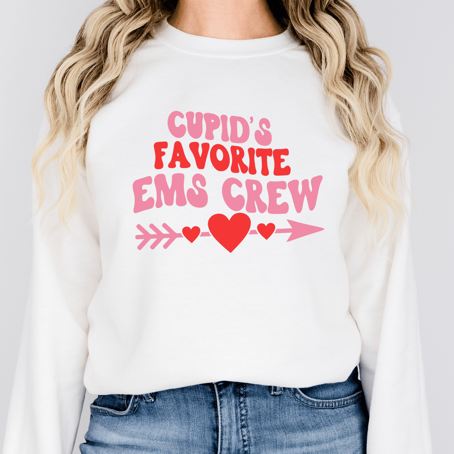Cupid’s Favorite EMS Crewneck, Valentine’s Day EMT Paramedic Sweatshirt, Emergency Medical Services Gift White Long