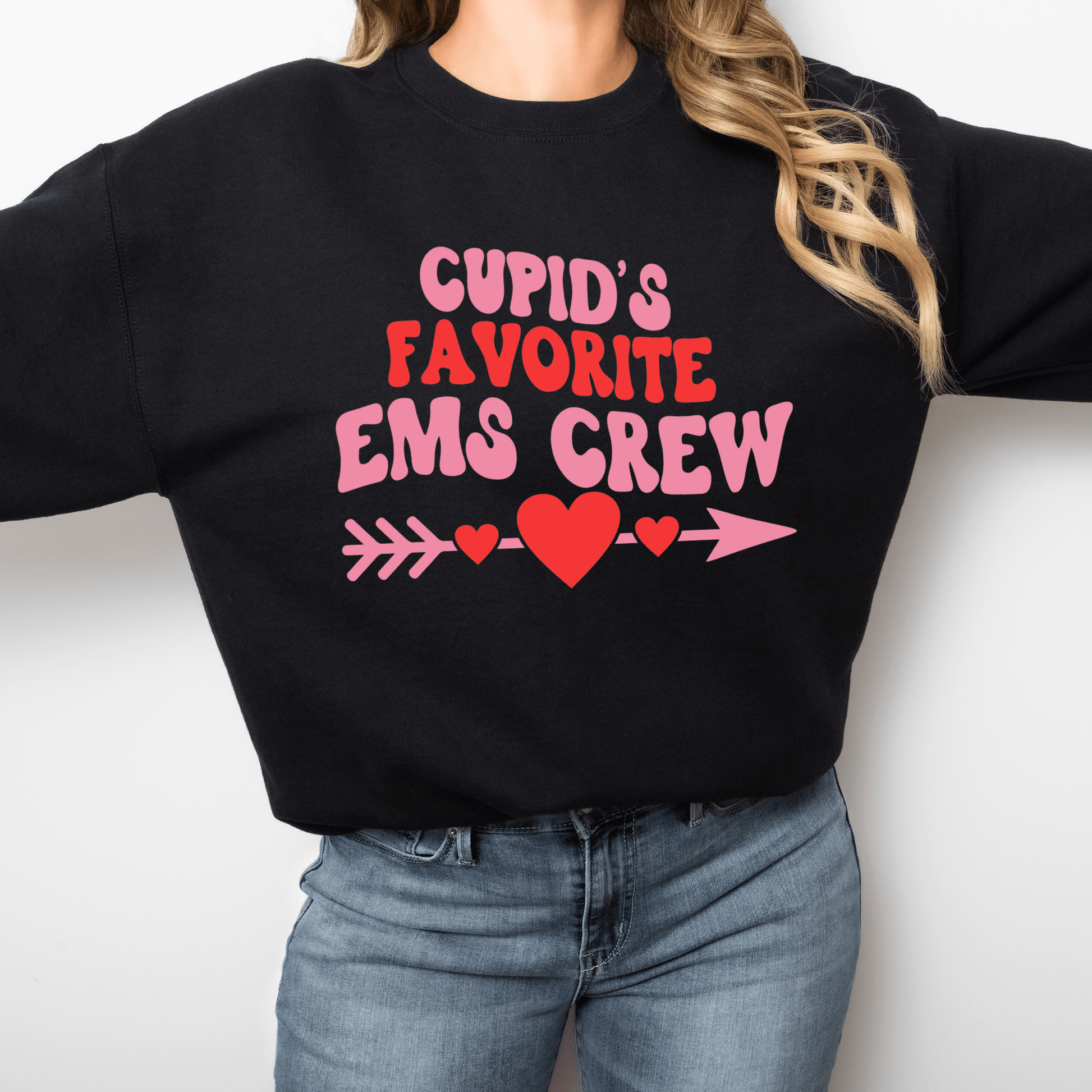 Cupid’s Favorite EMS Crewneck, Valentine’s Day EMT Paramedic Sweatshirt, Emergency Medical Services Gift Black Long