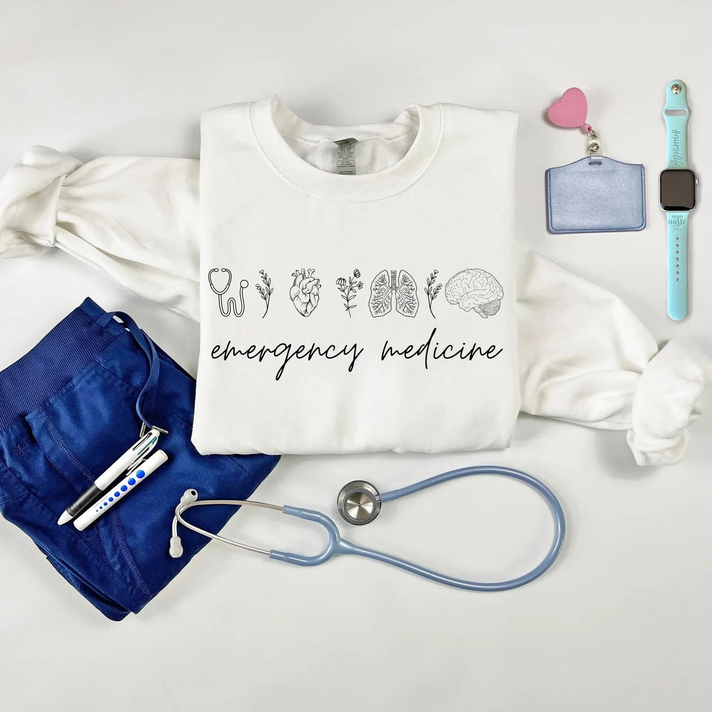 Emergency Medicine Crewneck Sweatshirt for Nurses & Physicians – Women's Medical Pullover White Long