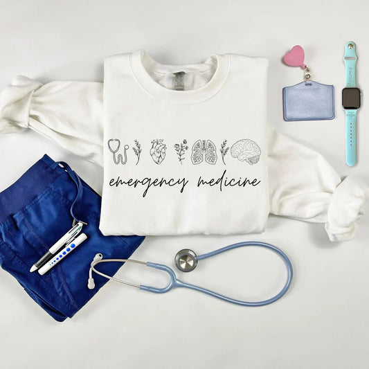 Emergency Medicine Crewneck Sweatshirt for Nurses & Physicians – Women's Medical Pullover White Long