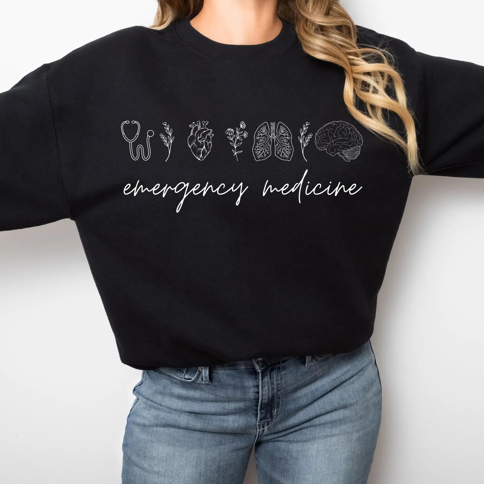 Emergency Medicine Crewneck Sweatshirt for Nurses & Physicians – Women's Medical Pullover Black Long