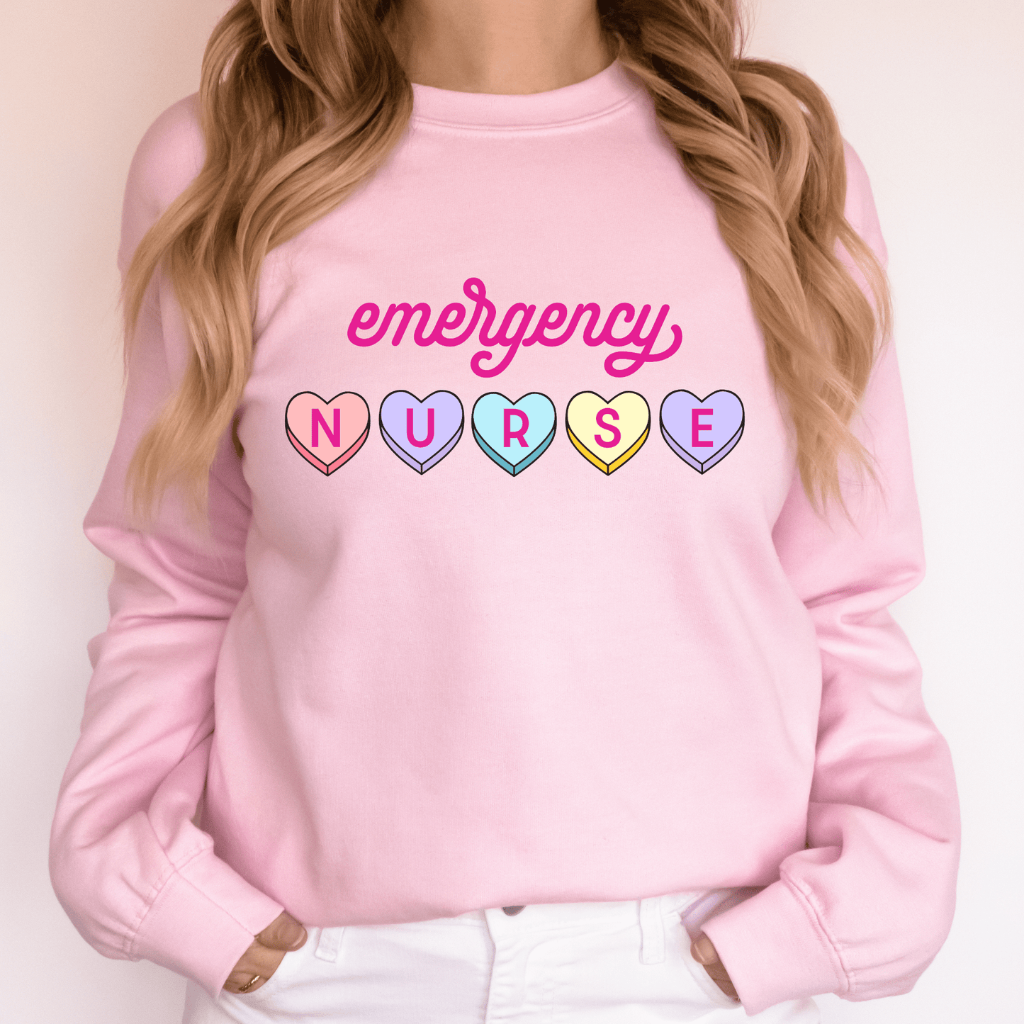 Emergency Nurse Hearts Crewneck Sweatshirt Light Pink Long