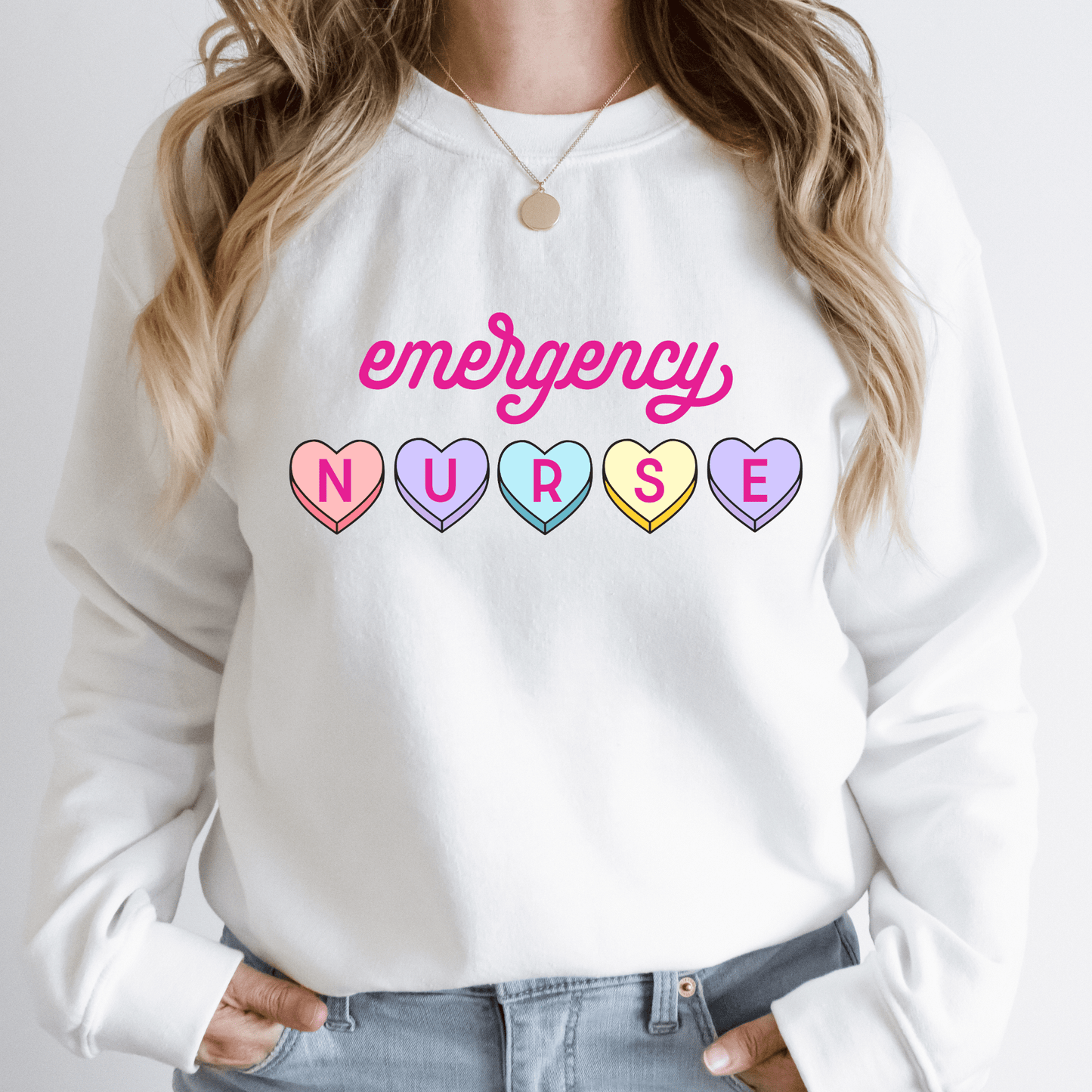 Emergency Nurse Hearts Crewneck Sweatshirt White Long