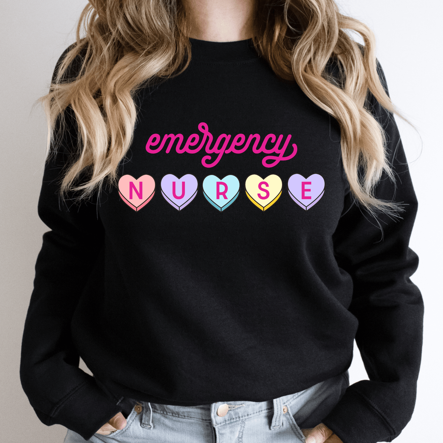 Emergency Nurse Hearts Crewneck Sweatshirt Black Long