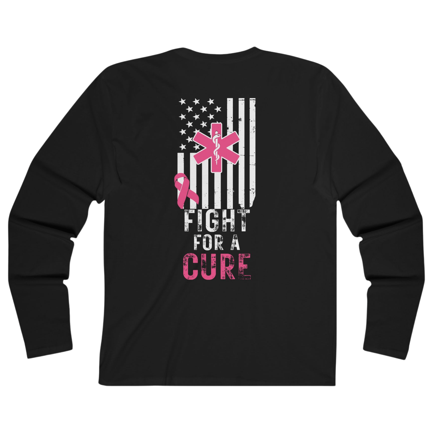 EMS Paramedic Pink Ribbon Flag Shirt – Breast Cancer Awareness Distressed American Flag Tee Black Long