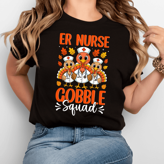 ER Nurse Gobble Squad T-Shirt – Funny Thanksgiving Nurse Shirt | Cute Fall Turkey Graphic Tee for Emergency Room Nurses