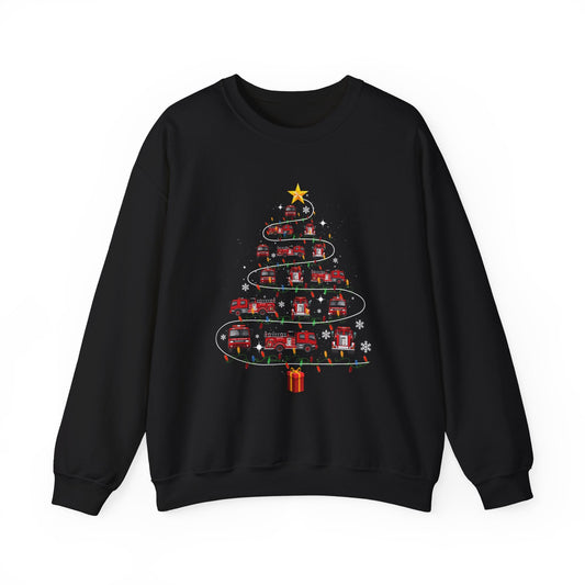 Firefighter Paramedic Christmas Tree Ugly Sweater – Funny EMS Holiday Crewneck for First Responders & Fire Dept Staff | Festive Firefighter Gift Black