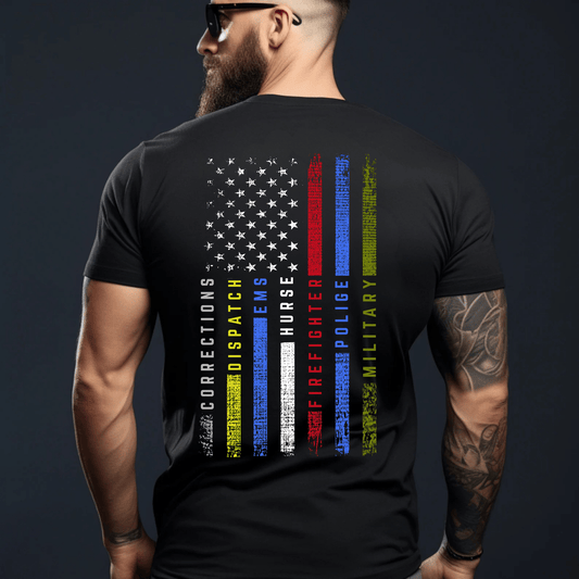 First Responders Flag T-Shirt – Firefighters, Paramedics, Nurses & Cops Support Tee Black