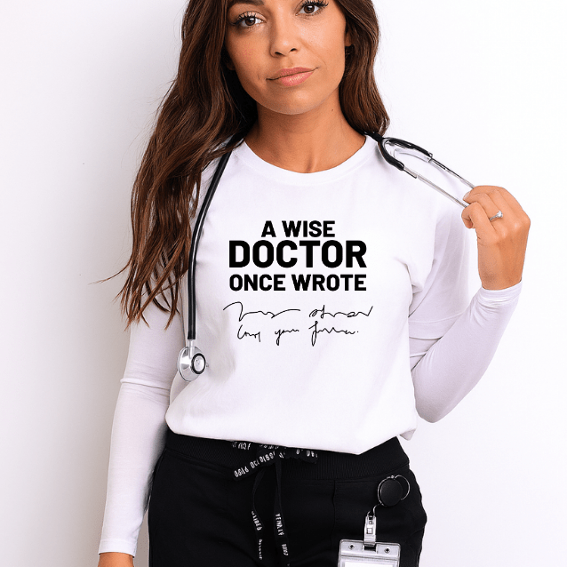 Funny Doctor T-Shirt – “A Wise Doctor Once Wrote” Medical Humor Tee for Nurses, Physicians, Healthcare Workers, Nursing Students