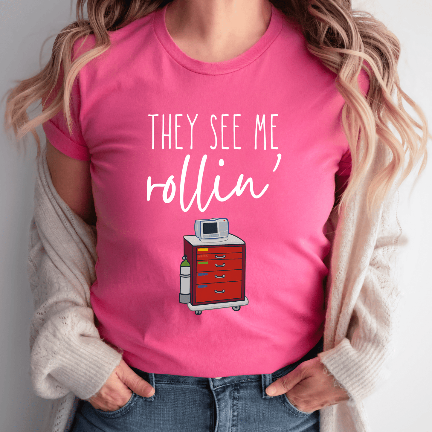 Funny Nurse T-Shirt – "They See Me Rollin’" Crash Cart Design | Medical Scrub Life Tee for Healthcare Workers, RNs, & EMTs Pink