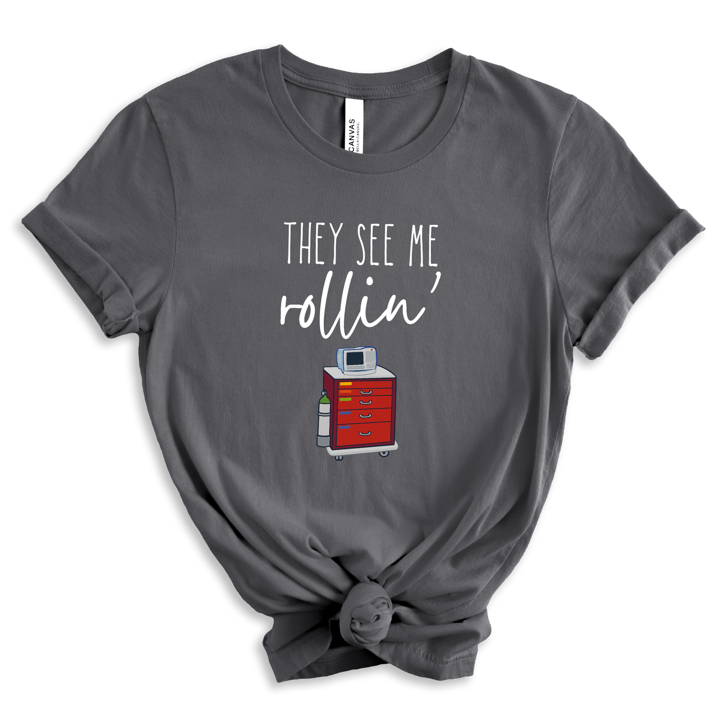 Funny Nurse T-Shirt – "They See Me Rollin’" Crash Cart Design | Medical Scrub Life Tee for Healthcare Workers, RNs, & EMTs Charcoal