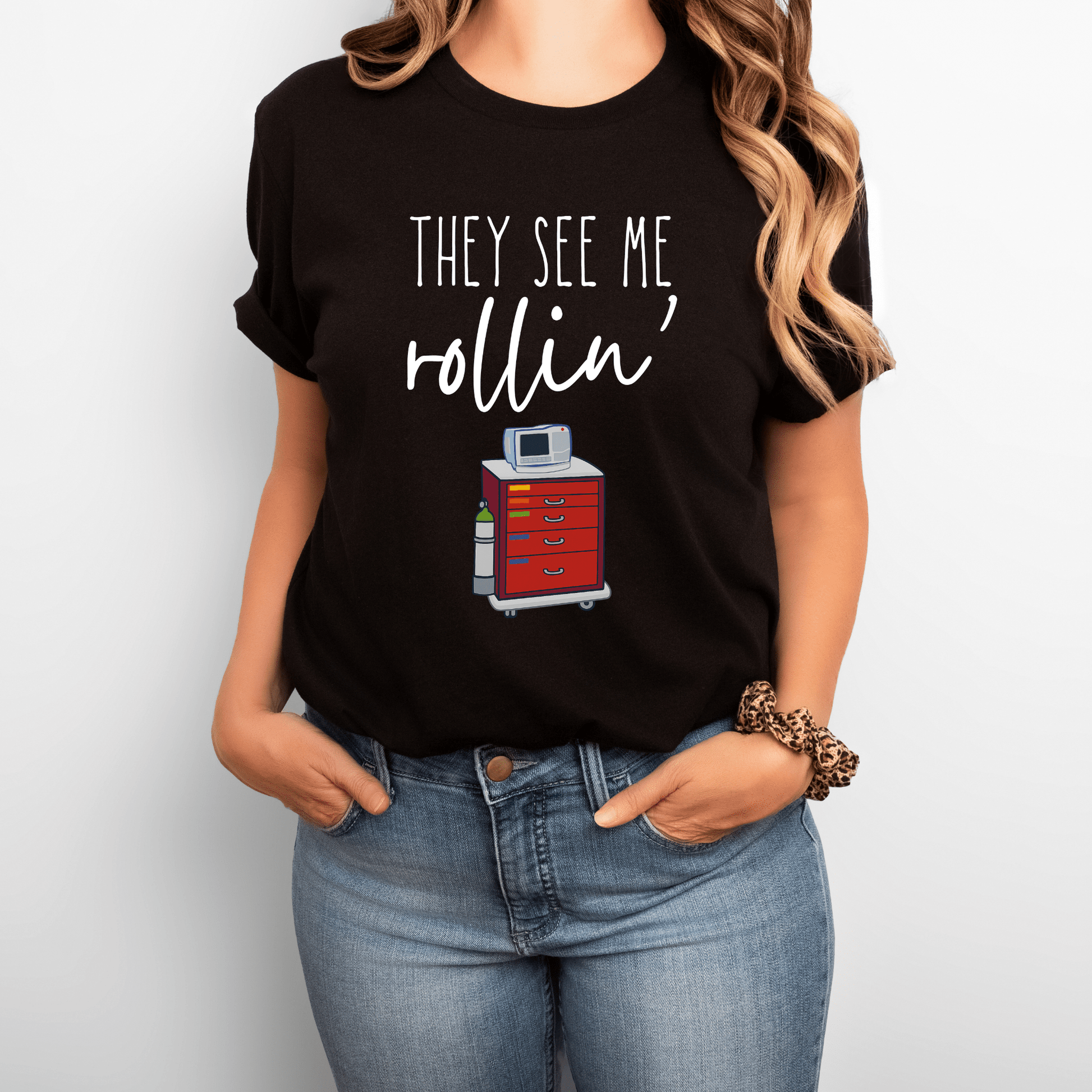 Funny Nurse T-Shirt – "They See Me Rollin’" Crash Cart Design | Medical Scrub Life Tee for Healthcare Workers, RNs, & EMTs Black