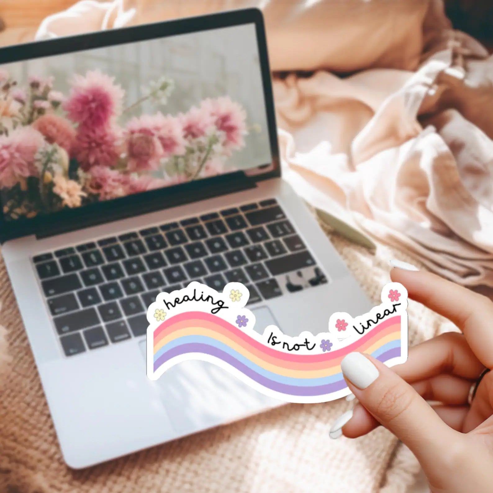 Healing Is Not Linear Mental Health Die-Cut Stickers – Encouraging Healthcare Decals for Mental Wellness 2" × 2"