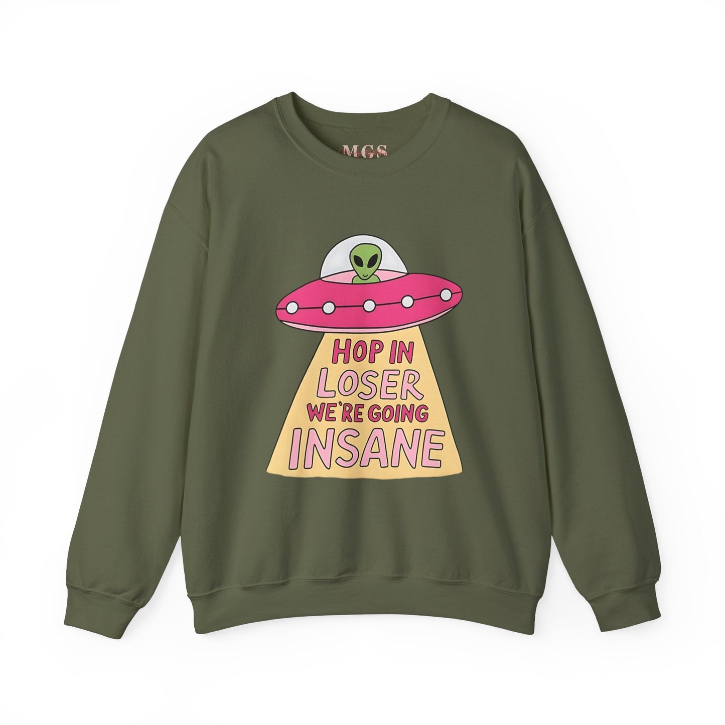 Hop in Bestie, We’re Going Insane Heavy Blend™ Crewneck Sweatshirt – Funny & Cozy Healthcare Apparel Military Green