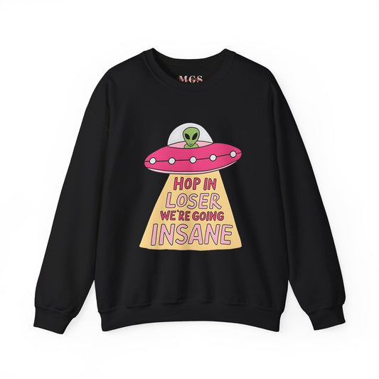 Hop in Bestie, We’re Going Insane Heavy Blend™ Crewneck Sweatshirt – Funny & Cozy Healthcare Apparel Black