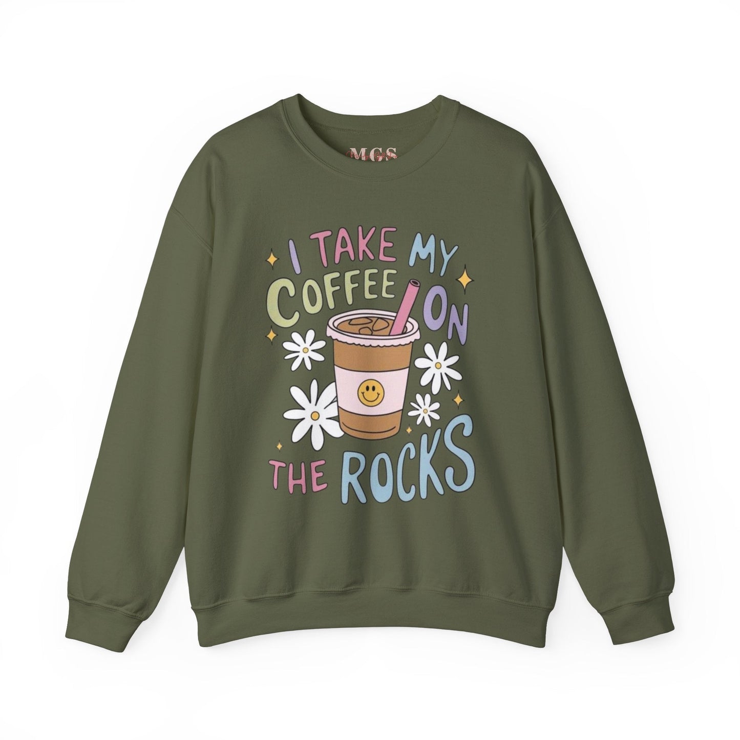 I Take My Coffee on The Rocks Heavy Blend™ Crewneck Sweatshirt – Cozy & Funny Healthcare Apparel Military Green